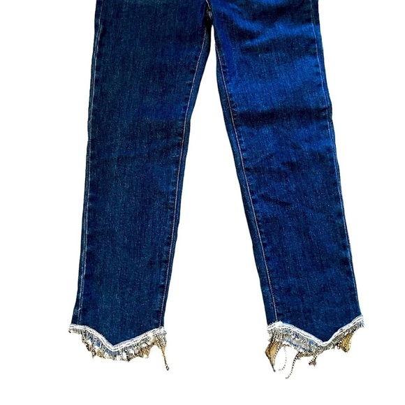 Risen Fringe Hem 9/29 Crop Medium Wash Jean Metal and rhinestone fringe at hem. - Picture 1 of 6
